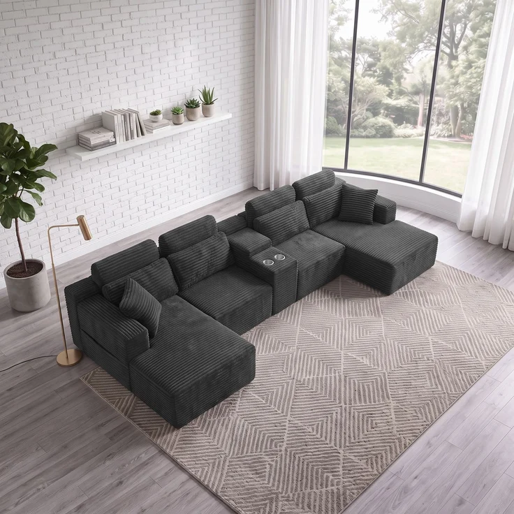 ZUBALIYA Boneless Compression Sofa, U-förmiges modulares Sofa mit integrierten Becherhaltern, Dunkelgrau, 372 x 151 x 80 cm – Bild 3