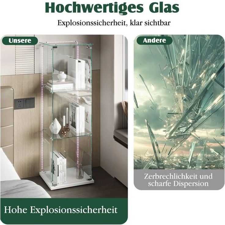 Simurq Glasvitrine Standvitrinen mit LED Beleuchtung, 3 Lagen Vitrinenschrank mit Glastür (1-St, Glas Vitrine mit 1 Glastür und 3 Lagen, Glasschrank mit Schloss) Sammlervitrine für Sammlerstücke, Modernes rahmenloses Design – Bild 3