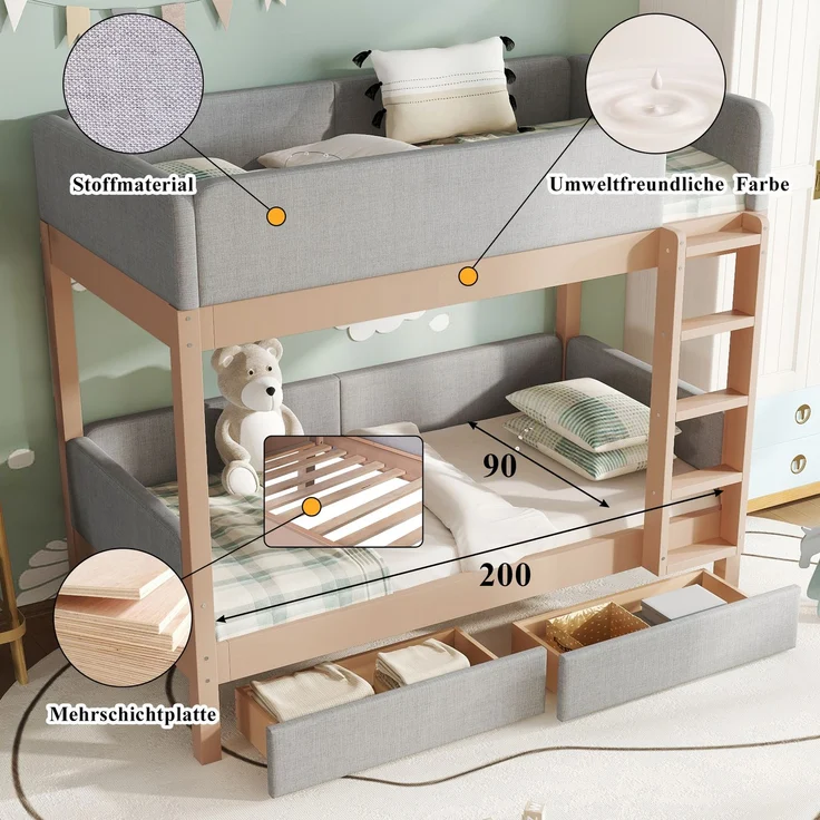 Merax Etagenbett, 90x200cm Kinderbett, Weiche Antikollisions-Schwammkante, Vierstufige gerade Treppe, Mit zwei Schubladen, Stabile Lattenroste, Grau+Natur – Bild 5
