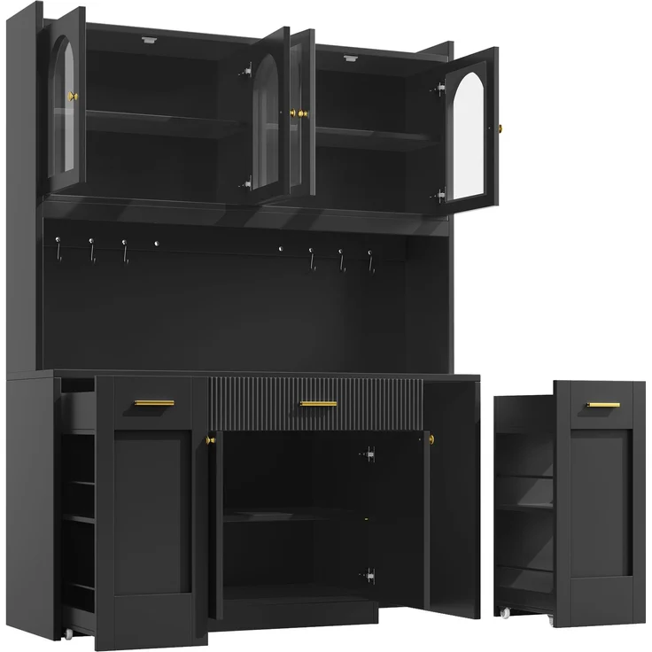 Hochküchenschrank 120cm mit RGB-LED, App-Steuerung, 3 Glasvitrinen, Schubkästen & beidseitigen Roll-Ablagen, Weiß/Schwarz – Bild 1