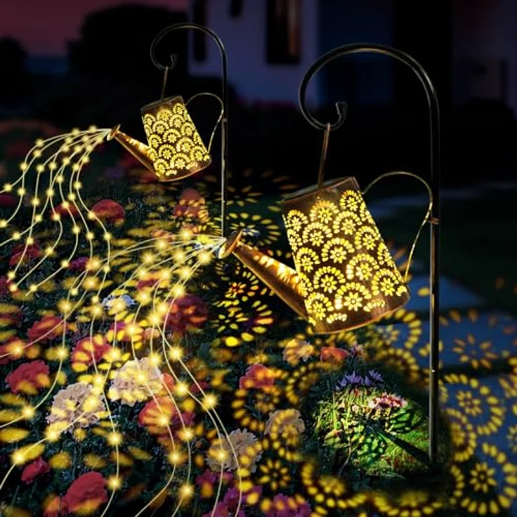 OUILA Solar Gießkanne Lichterkette, 2 Stück Solarlaterne für außen mit Schäferhaken, Solarlampen IP65 Wasserdicht, LED Lichterketten für Außen, Gartendeko, Hofweg, Blumenbeet – Bild 1