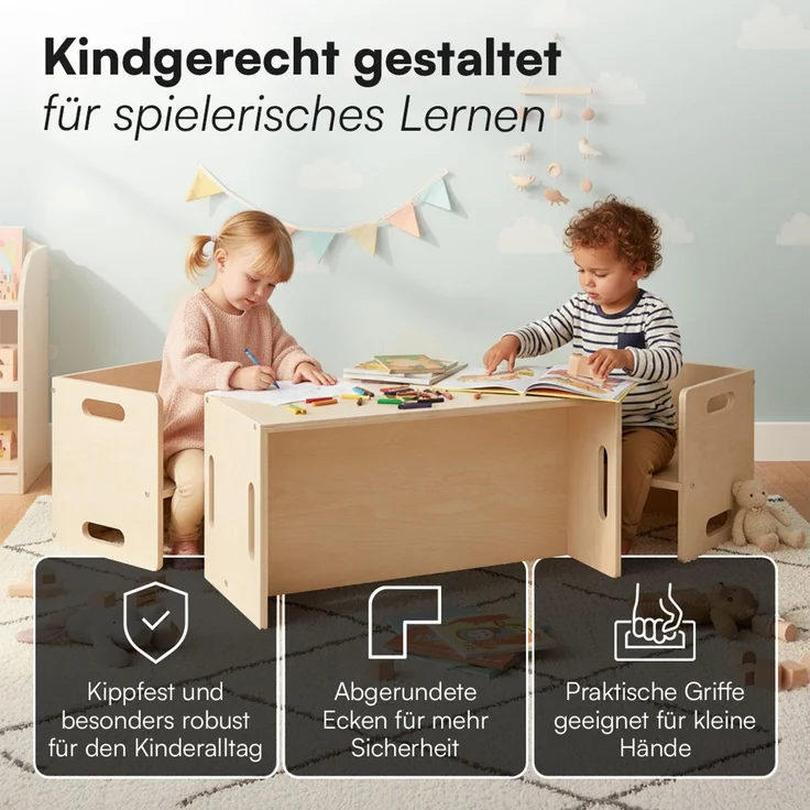 Bellabino 'Aki' 2in1 drehbare Kindersitzgruppe, 2x Stuhl und 1x Bank, natur unbehandelt, Birke Sperrholz, 3 Sitzhöhenstufen – Bild 3