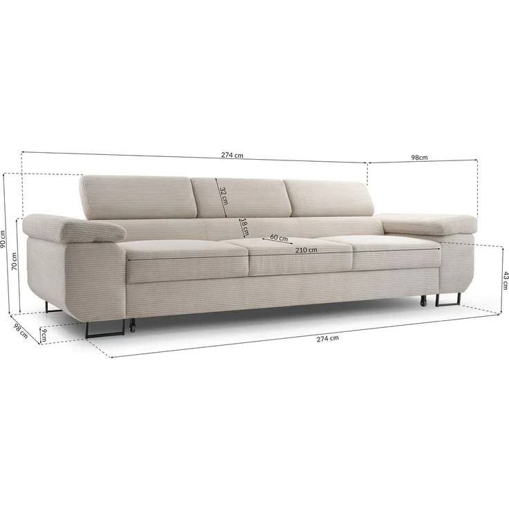 Selsey 'Capurso' Schlafsofa mit verstellbaren Kopfstützen und Stauraum, Cord, Hellgrau – Bild 3