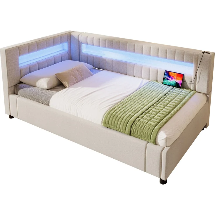 Merax Hydraulisches Polsterbett mit Ladefunktion, LED und Stauraum, Leinen Beige, 90 x 200 cm – Bild 10