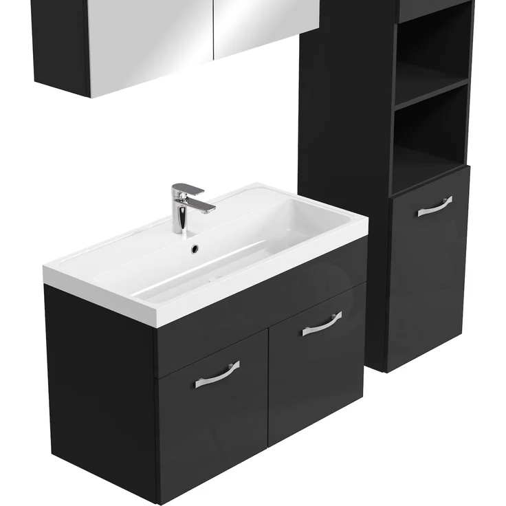 Badplaats Badmöbel Komplettset Paso XL LED 80x40 cm Schwarz Hochglanz - Badezimmermöbel mit Waschbecken, Spiegelschrank und 2 Badezimmerschränke – Bild 3