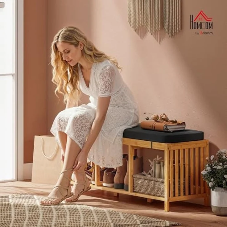 HOMCOM Schuhbank mit Sitzfläche, Schuhregal mit Stauraum, Sitzbank aus Bambus mit offener Ablage, Leinenoptik für Flur und Eingangsbereich, 102 x 33 x 45 cm, Naturholz – Bild 2