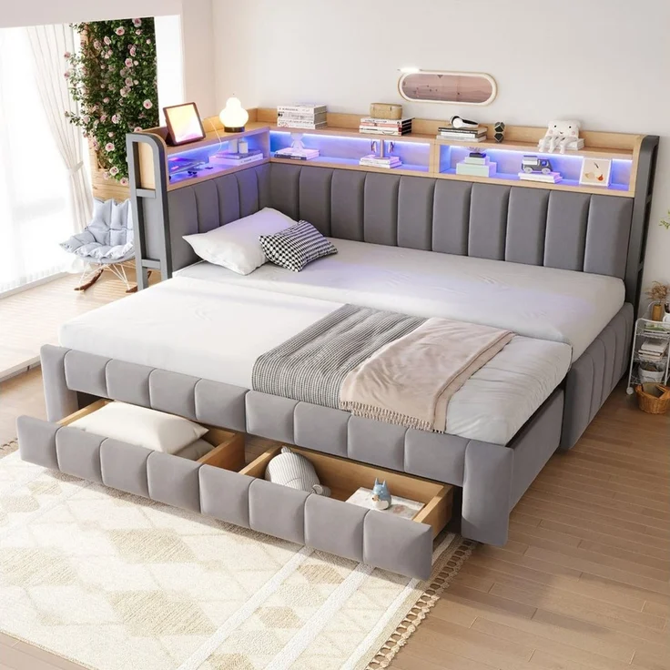 Celya Polsterbett Schlafsofa 90/180 × 200 cm Mit Ausziehbarem Bettteil und Schubladen (ohne Matratze, Mit LED-Beleuchtung, USB- und Typ-C-Anschlüssen), Mit Ablage und Staufächern, Samtstoff – Bild 1