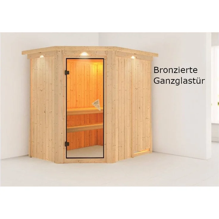 Karibu Sauna Carin mit Dachkranz + 9kW Saunaofen mit integrierter Steuerung Klarglas Ganzglastür – Bild 5