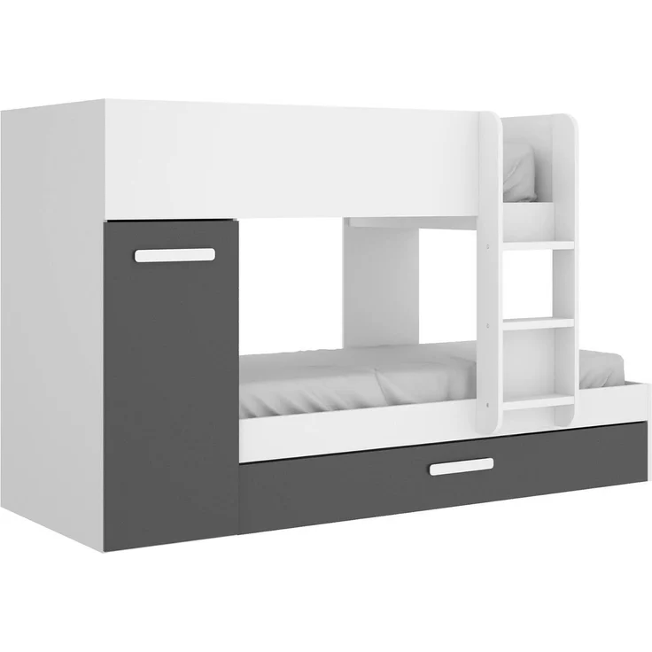 Dmora - Schlafzimmer Eiger, Komplettes Schlafzimmer, Etagenbettkomposition mit Zwei Einzelbetten, 244x112h150 cm, Weiß und Anthrazit – Bild 2