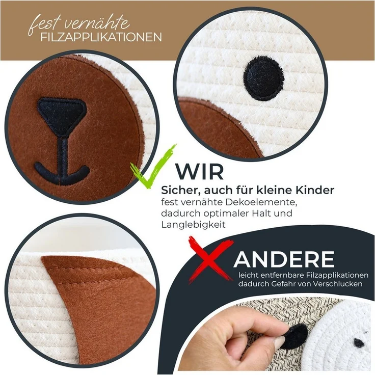 HMF Aufbewahrungskorb Aufbewahrungskorb mit versteckten Griffen (3er, Set), Korb für Kinderzimmer aus Baumwolle, Hund, Groß, Mittel, Klein – Bild 3