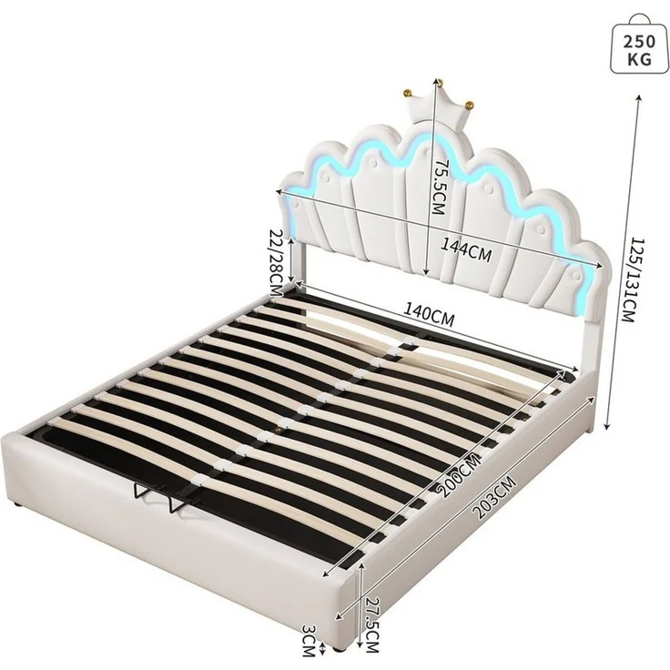 Flieks Polsterbett, LED Kinderbett Doppelbett mit krone-Form Prinzessinnenbett 140x200cm – Bild 3