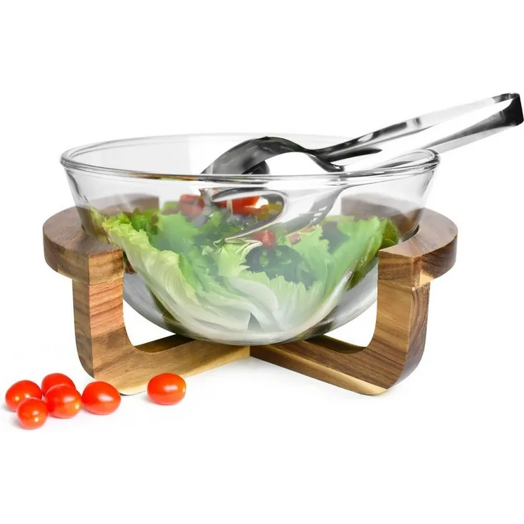 Elegantes 3-teiliges Salatschalenset aus Glas mit Salatbesteck auf Holz-Gestell