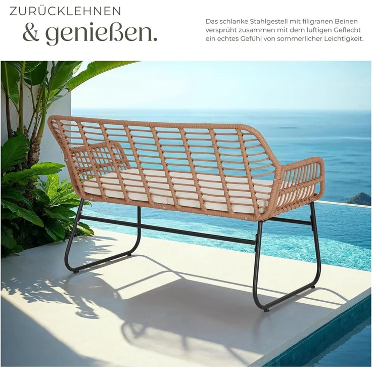 tectake® Outdoor Rattan Sitzgruppe, Möbel, Balkonmöbel, Gartenmöbel Set mit 1x Gartenbank, 2X Stühle + Tisch, Balkonmöbelset für Garten, Terrasse, Balkon - Natur – Bild 4