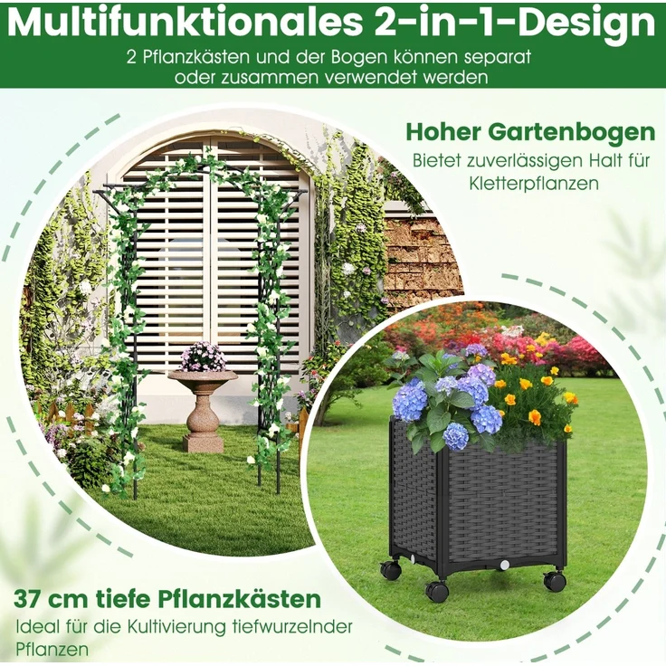 2 in 1 Rosenbogen mit Blumenkasten Gartenbogen aus Metall & PP Spalier Rankbogen Grau – Bild 5