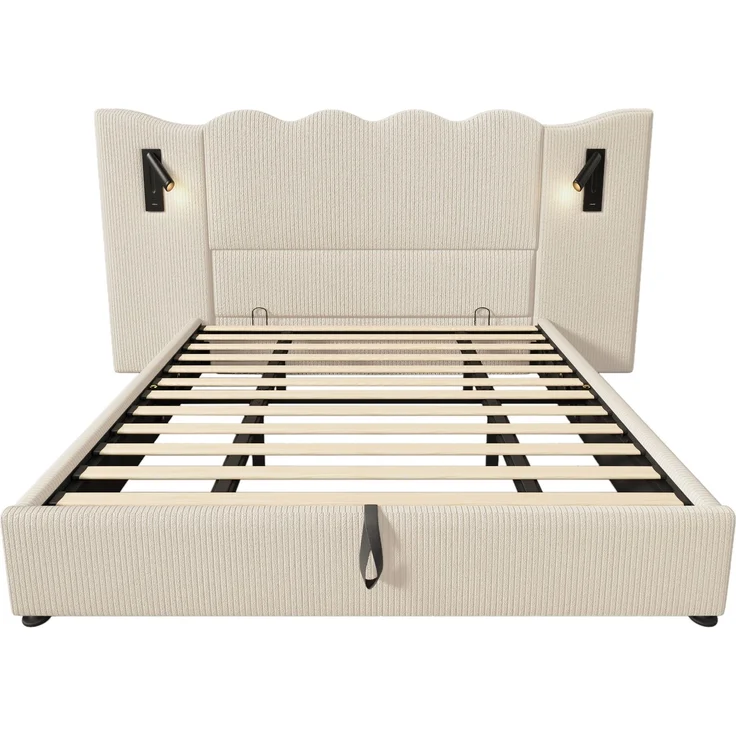 Holzbett 180x200 cm, mit hydraulischem Bettkasten, mit Lattenrost und ohne Matratze, mit Cordbezug, Beige – Bild 3