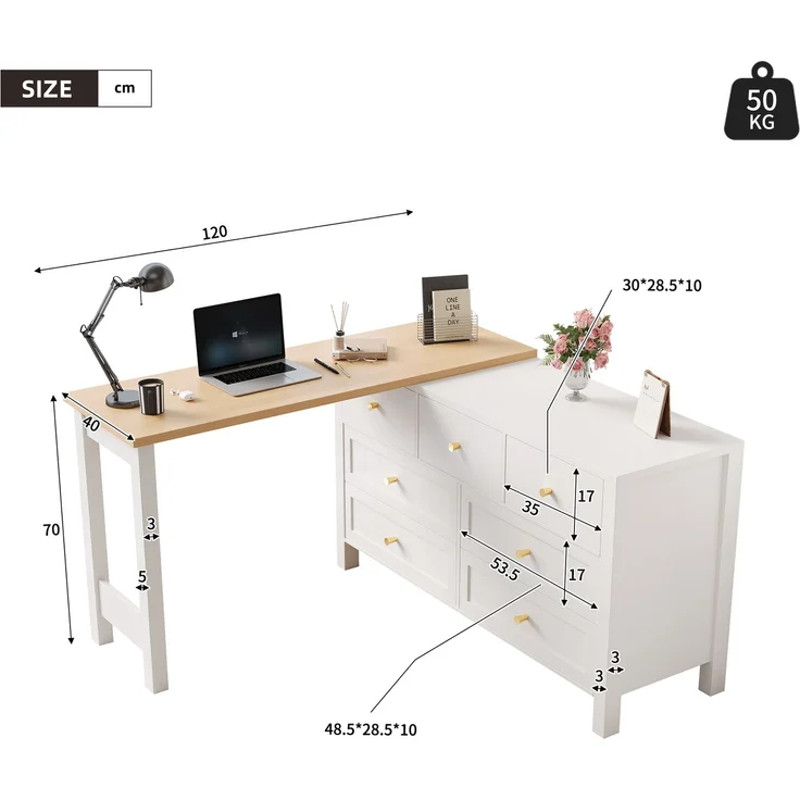 Flieks Schreibtisch mit Kommode, 120×40×70 cm, 360° drehbare Tischplatte mit 7 Schubladen, L-förmiger Bürotisch & Sideboard in Weiß/Eicheoptik – Bild 5