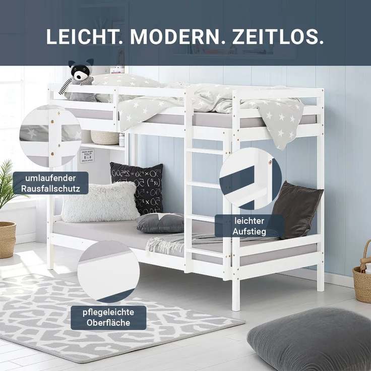 Homestyle4u Etagenbett, Kiefernholz weiß, 90x200 cm – Bild 8