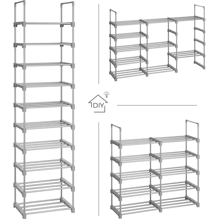 SONGMICS Schuhregal mit 10 Ebenen, offener Schuhschrank hoch, Schuhständer schmal, Schuhaufbewahrung, aus Metall, platzsparend, für Ankleidezimmer, Flur, 30 x 45 x 174 cm, grau – Bild 3