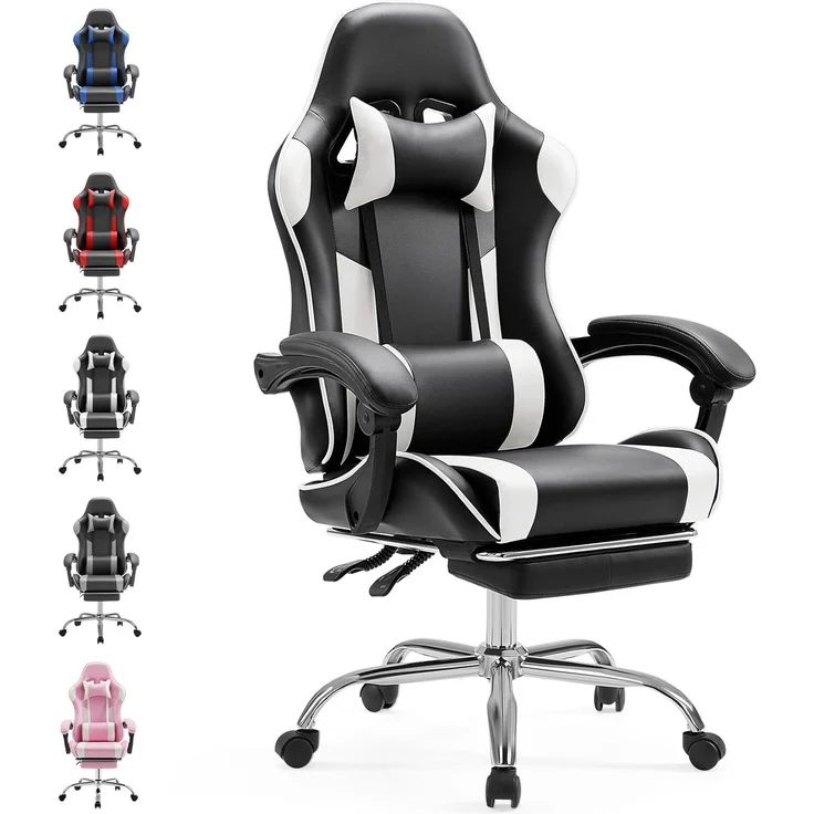 Sweetcrispy Gaming Stuhl,Ergonomischer Bürostuhl mit Fußstütze,Gamer PC Stühle mit Kopfstütze Lendenkissen,90-150° einstellbar Gaming Chair,Leder Drehbar Schreibtischstuhl Computerstuhl,Weiß