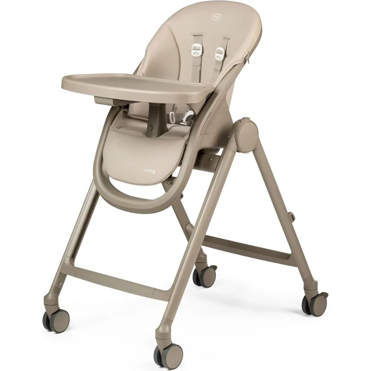 PEG Living Hochstuhl ab Geburt, Zeitgemäßes Design, Liegefunktion, Höhenverstellbar, Doppelttablett, 4 Räder 360°, Kompakte Faltung, 0–3 Jahre (0–15 kg), Space Sand
