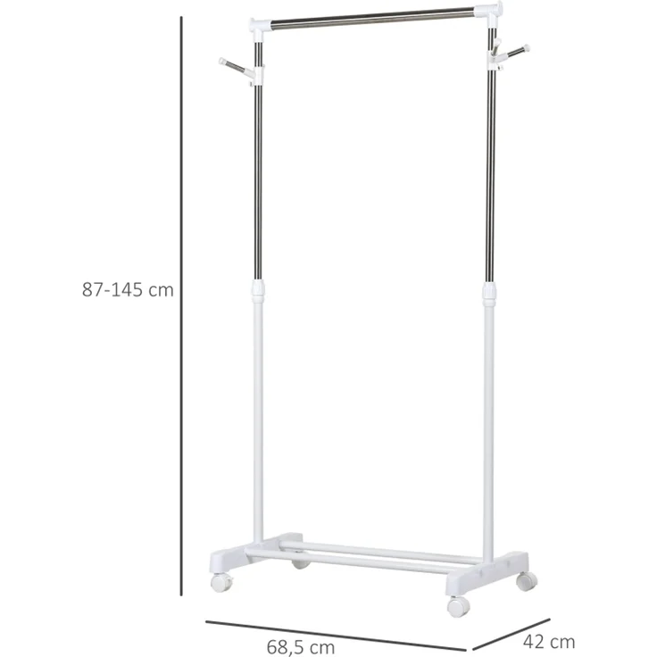 Garderobenständer 68,5x42x87-145 cm, höhenverstellbar mit Ablage und Rollen, Weiß – Bild 4