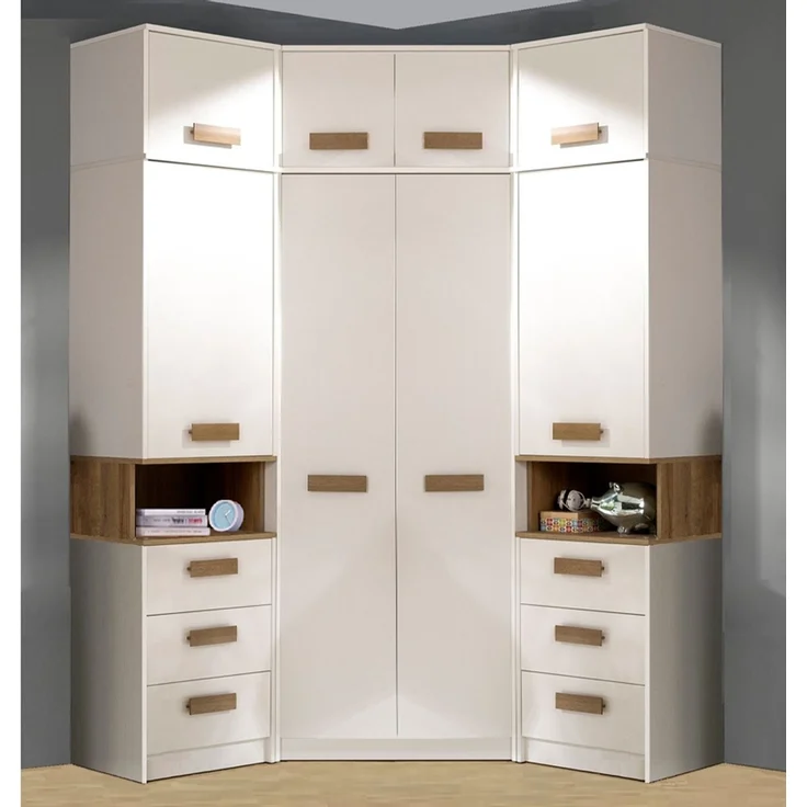 Marmex Möbel Grant 14 Ein Schrank-Set, zwei Büchrregale, Eckkleiderschrank, Schlafzimmer-Set, laminierte Spanplatte, weiß+riviera Eiche, 143x235x143 cm – Bild 8