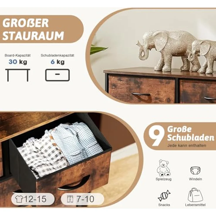 DUMOS Kommode mit Schubladen - Kommoden&Sideboards für Schlafzimmer Geeignet, Komodenschrank mit 9 Schubladen, Stoffkommode mit Stabilem Stahlrahmen, Ideal für Schlafzimmer, Wohnzimmer (Vintagebraun) – Bild 5