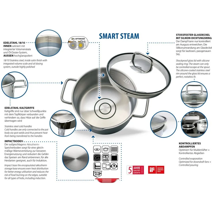 Elo Topf-Set Smart Steam, Edelstahl 18/10 (Set, 7-tlg, je 1 Fleischtopf Ø 16/20/24 cm, 1x Stieltopf Ø 16 cm), Induktion – Bild 2