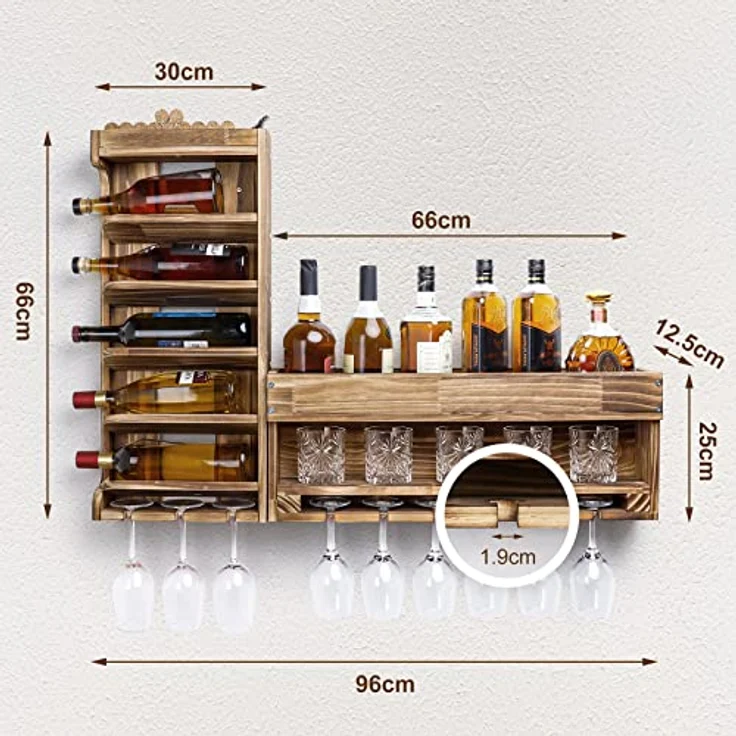 Yorbay Weinregal Weinregal aus Holz, Wandbar mit Korkhalter, Holzregal für Weingläser, Whiskygläser, Wandmontage Wand Flaschenhalter Vintage Stil für Hausbar – Bild 7