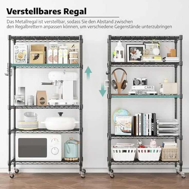 Himimi 5-Draht-Regal mit Rollen, Metall-Aufbewahrungsregal, höhenverstellbar, stehendes Aufbewahrungsregal für Waschküche, Badezimmer, Küche, Speisekammer, Schrank, 76 x 35 x 158 cm, Schwarz – Bild 5