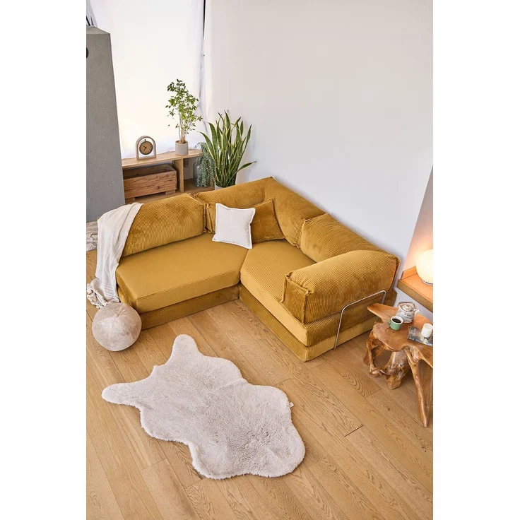 Ecksofa mit Schlaffunktion, 300 cm, Senfgelb | 100% Gerippter Plüschstoff, Abnehmbarer Bezug, 4 Kissen inklusive | Pfotenfreundlich & Stilvoll – Bild 1