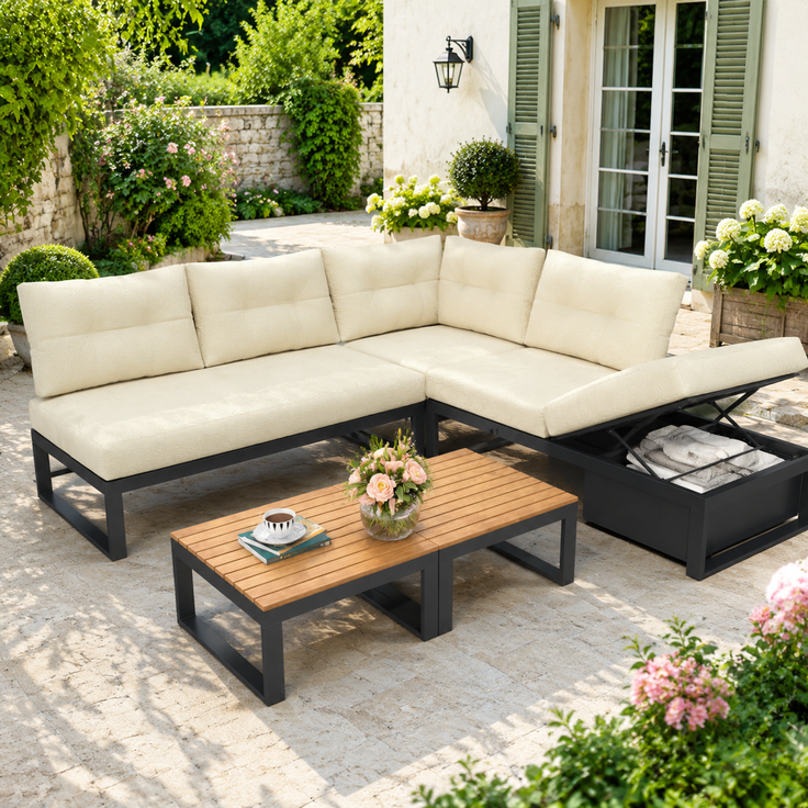 ZUBALIYA Garten-Loungeset - 191,5 x 191,5 x 79 cm , Beige , Polyester , verstellbare Rückenlehne , mit Stauraum