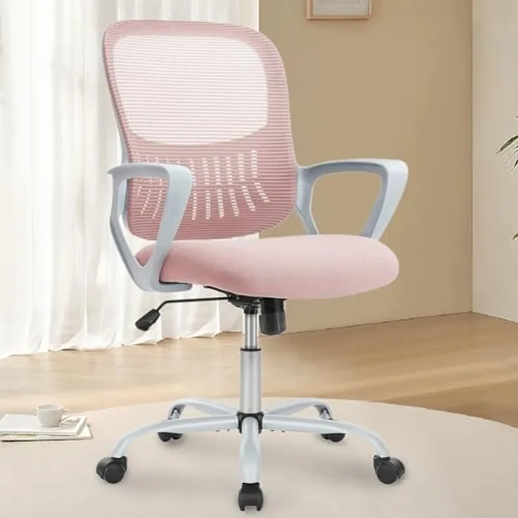 DUMOS Bürostuhl Ergonomisch, Schreibtischstuhl mit Lendenwirbelstütze, Drehstuhl mit Armlehne, Computerstuhl, Höhenverstellbarer Office Chair, Bürostühle Geeignet für Büro und Schlafzimmer (Rosa)