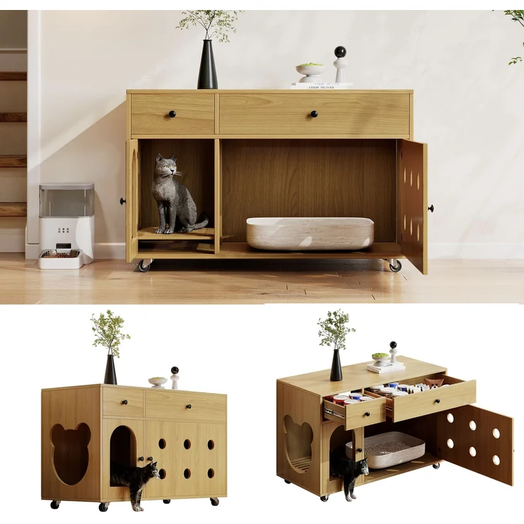 Katzenkloschrank (bewegliche Katzentoilette) – Katzenschrank/Katzenhaus mit abnehmbare Sandablassplatte, geruchsisoliert, ohne Katzenklo, 100×45×66 cm (Naturholzfarbe, Gelbmaplefarbe) – Bild 2