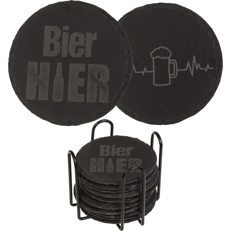 Untersetzer aus Schiefer mit Gravur Set ca. 10 cm 12 Stück Metallaufsteller Bier Hier & Bier EKG
