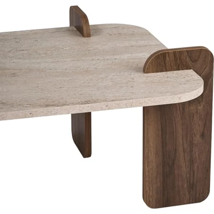 Stilvoller Couchtisch, 120 cm x 60 cm x 35 cm | 100% melaminbeschichtete Spanplatte, werkzeuglose Montage | Elegante Travertin- und Walnuss-Optik – Bild 8