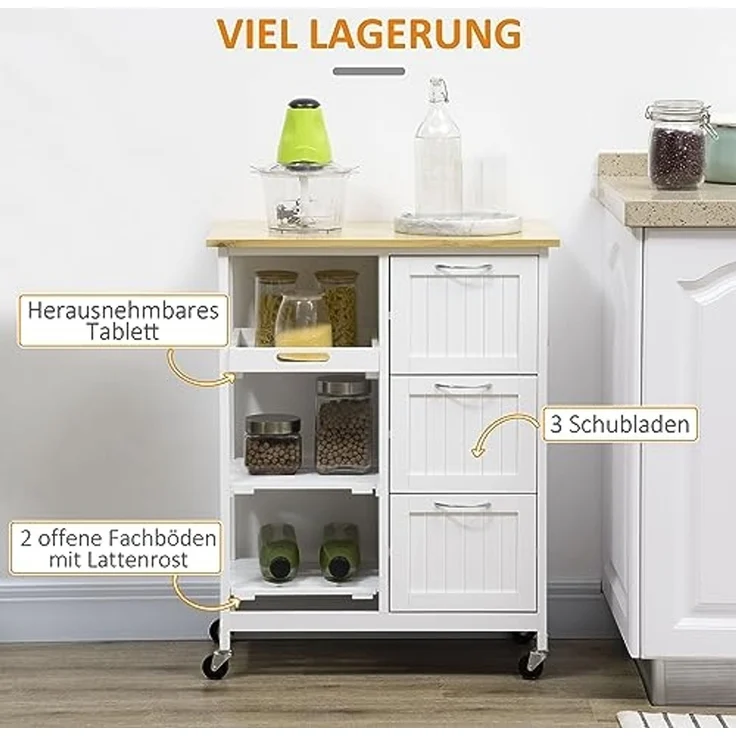 HOMCOM Servierwagen Küchenwagen mit Schubladen Arbeitsplatte, (Rollwagen, 1 St, Küchenrollwagen), Weiß, 67 x 37 x 87 cm – Bild 3