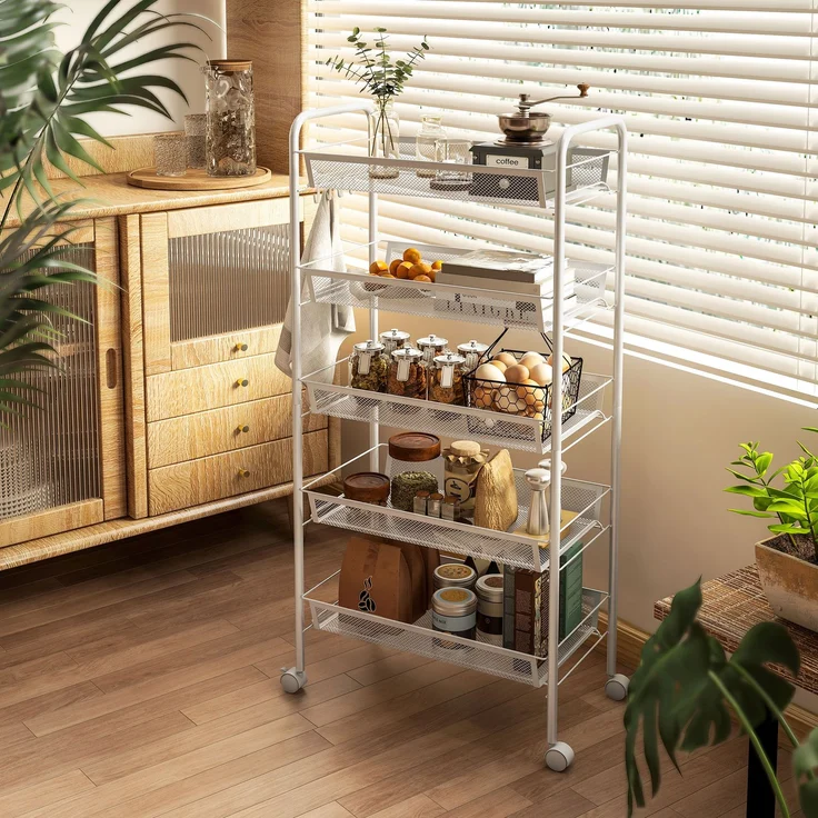 MELAYR, Küchenwagen mit 5 Drahtkörben, 4 Haken, 4 Rollen, 2 Griffe, Stahl/Kunststoff, 45x26.5x106 cm, Weiß – Bild 3