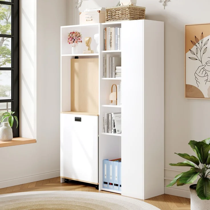 Klappbarer Schreibtisch mit Ablagen –2-in-1-Bücherregal und Schreibtisch, klappbar, mit Steckdose und USB-Anschluss, höhenverstellbare Ablagen, Kippschutz, weiß-Schreibtisch,Eck-Schreibtisch-rechts – Bild 3