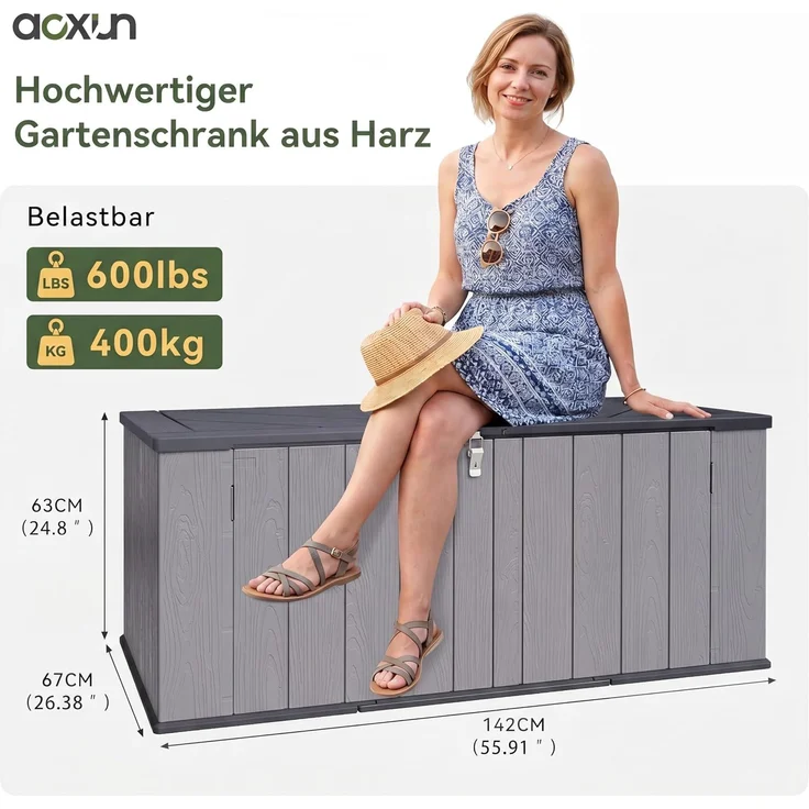Aoxun Gartenbox aus Harz 600L,Auflagenbox Wasserdicht Außenmaße:142 x 67 x 63 cm,Wetterfest,Abschließbar,Grau – Bild 2