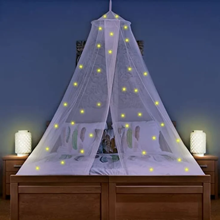 UB-STORE Betthimmel mit vorgeklebten leuchtenden Sternen - Prinzessinen Moskitonetz für Mädchen Zimmerdekoration - Himmelbett Vorhänge für Kinder und Baby Bett – Bild 8