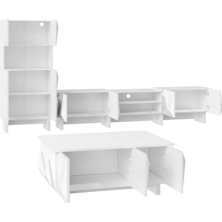 Wohnzimmermöbel Set mit 3D-Front, TV-Lowboard, Vitrinenschrank und Couchtisch, modernes Möbel-Set aus PB, geometrisches Design--Weiß--180x34x44.5cm--YOUDENOVA – Bild 9