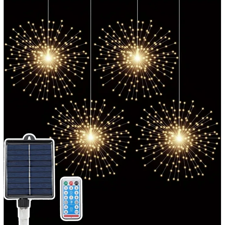 Salcar LED Solarleuchte 4er Solarleuchte Feuerwerk Lichterkette Wasserdicht Solarlichter, 2 Lademodi USB & Solar /3 Helligkeitsstufen/8 Leuchtmodi/Timerfunktion
