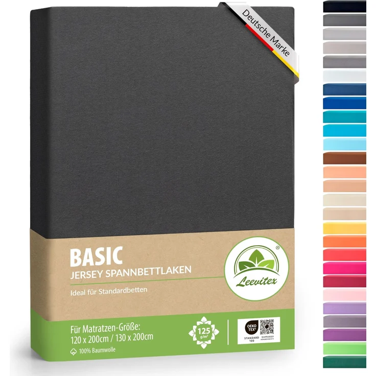 leevitex® Spannbettlaken 120x200 cm - 130x200 cm | Spannbetttuch Bettlaken | 100% Jersey Baumwolle | Matratzenhöhe bis 25 cm | Ökotex | Anthrazit