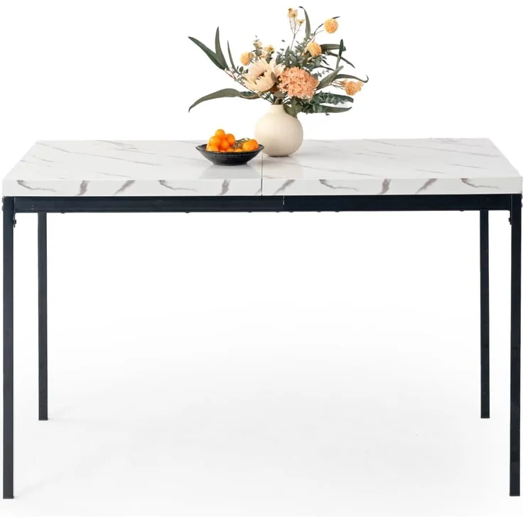 FurnitureR Garten-Esstische aus weißem Marmorimitat, Schlichter und eleganter Stil für 4 bis 6 Personen, Dicke Holzplatte mit Metallstruktur, für Terrasse, Terrasse, Garten, 120 x 70 x 75 cm – Bild 3