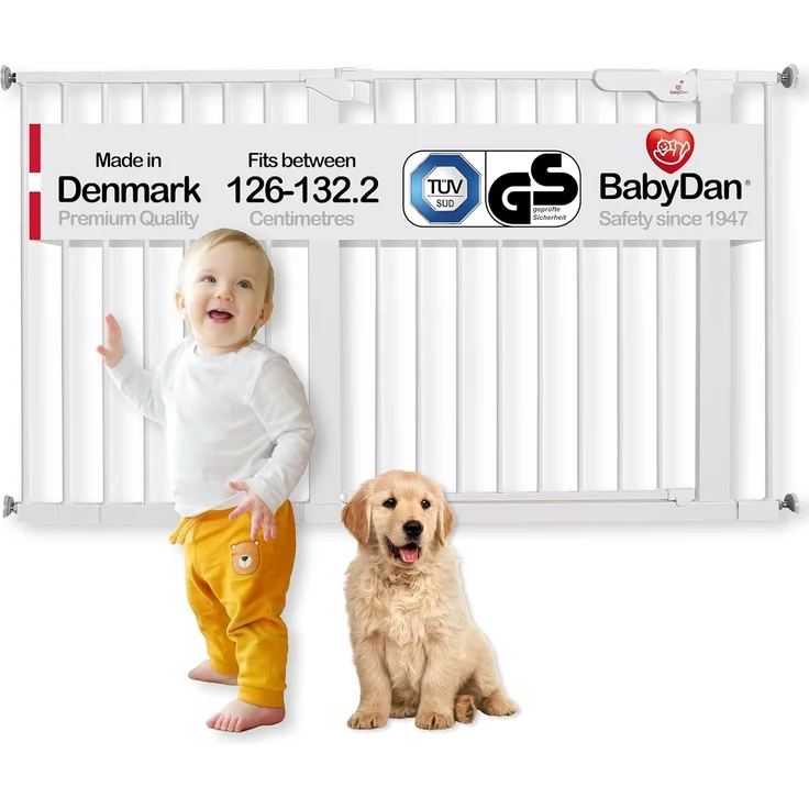 BabyDan Premier, extra breites Treppenschutzgitter mit Druckbefestigung, deckt Öffnungen zwischen 126-132,2 cm ab, Babygitter/Sicherheitsgitter, Metall, weiß, Made in Denmark -