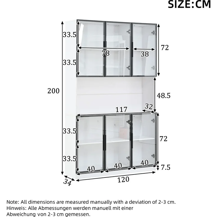 Vitrine 120 x 34 x 200 cm aus MDF mit 6 Glastüren, LED-Beleuchtung in Weiß – Bild 4