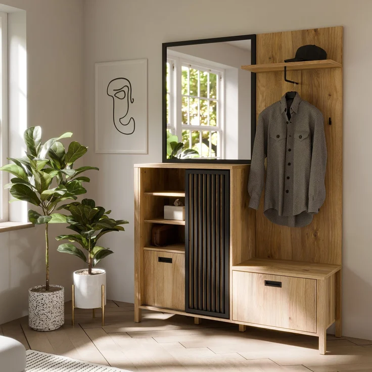 Forte JYTANA Garderobe 130, skandinavische Garderobe mit Spiegel, Kleiderstange und Aufbewahrung, Holzwerkstoff, Mauvella Eiche Holzdekor / Schwarz, 132 cm breit x 200,3 cm hoch x 40,2 cm tief – Bild 1