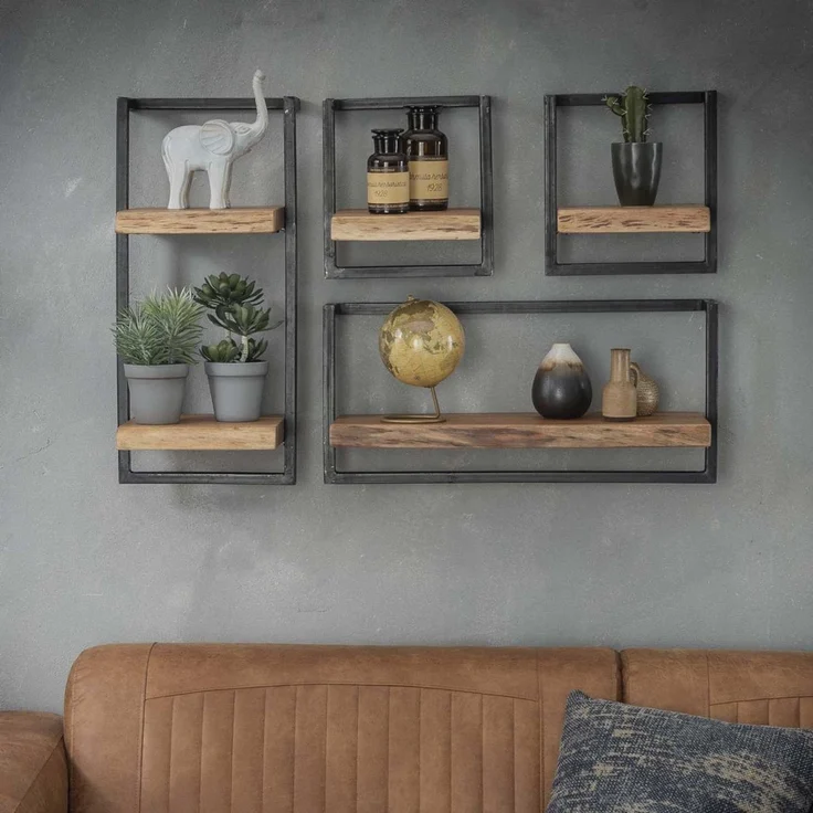 Wandregal aus Akazienholz massiv, Industrial Design mit Metallrahmen, natur, 30 cm – Bild 7