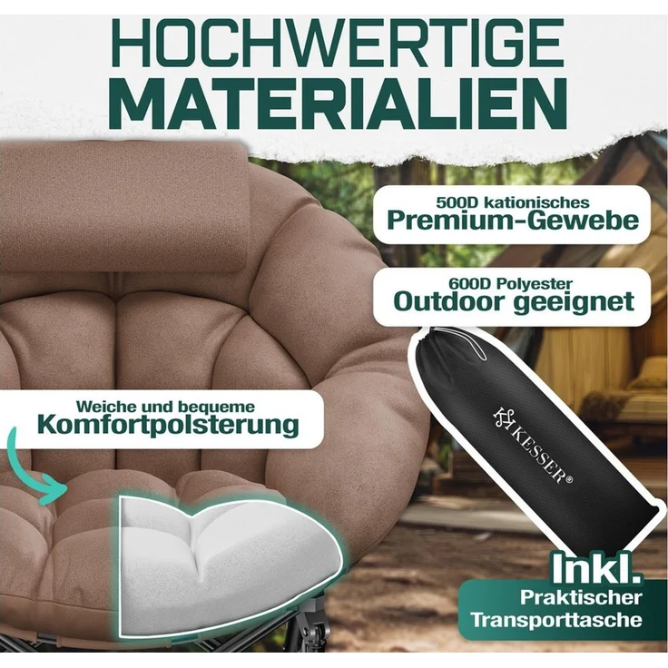 KESSER 'Chillexer' Campingstuhl, faltbar, 150 kg, mit Kissen, Seitentasche & Cover, Outdoor + Indoor, Braun, 110 x 110 x 110 cm – Bild 3